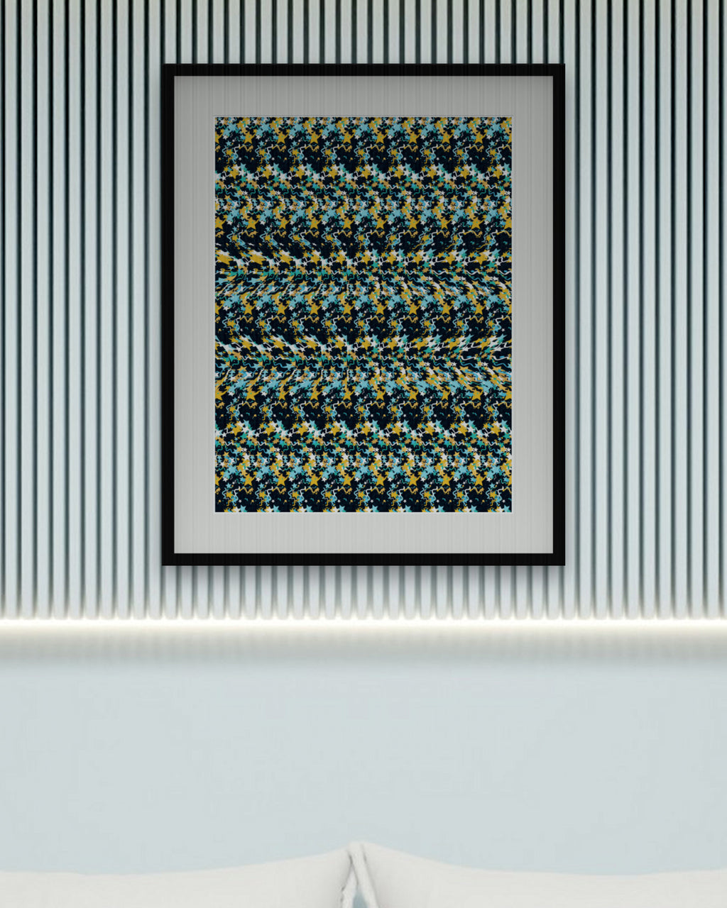 Pisces Twin Fish hidden 3D art print, framed in a calm bedroom