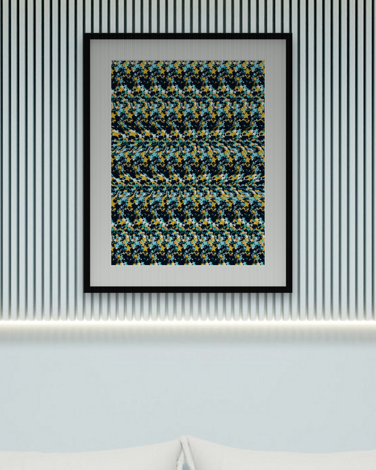 Pisces Twin Fish hidden 3D art print, framed in a calm bedroom