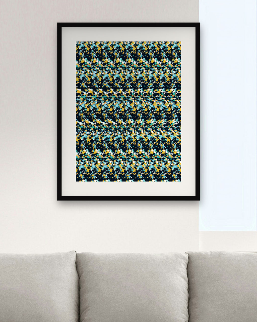 Pisces Twin Fish hidden 3D art print, framed in a modern living room