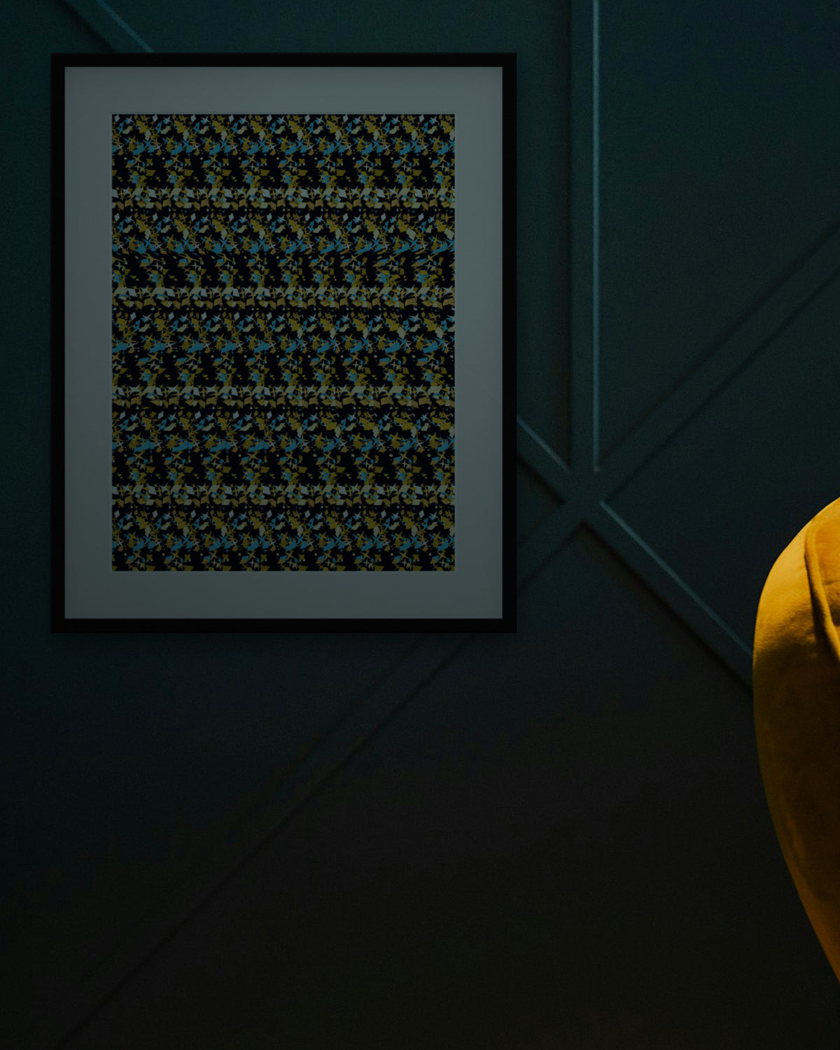 Brilliant Cut Diamond hidden 3D art print, framed in a dark luxury lounge