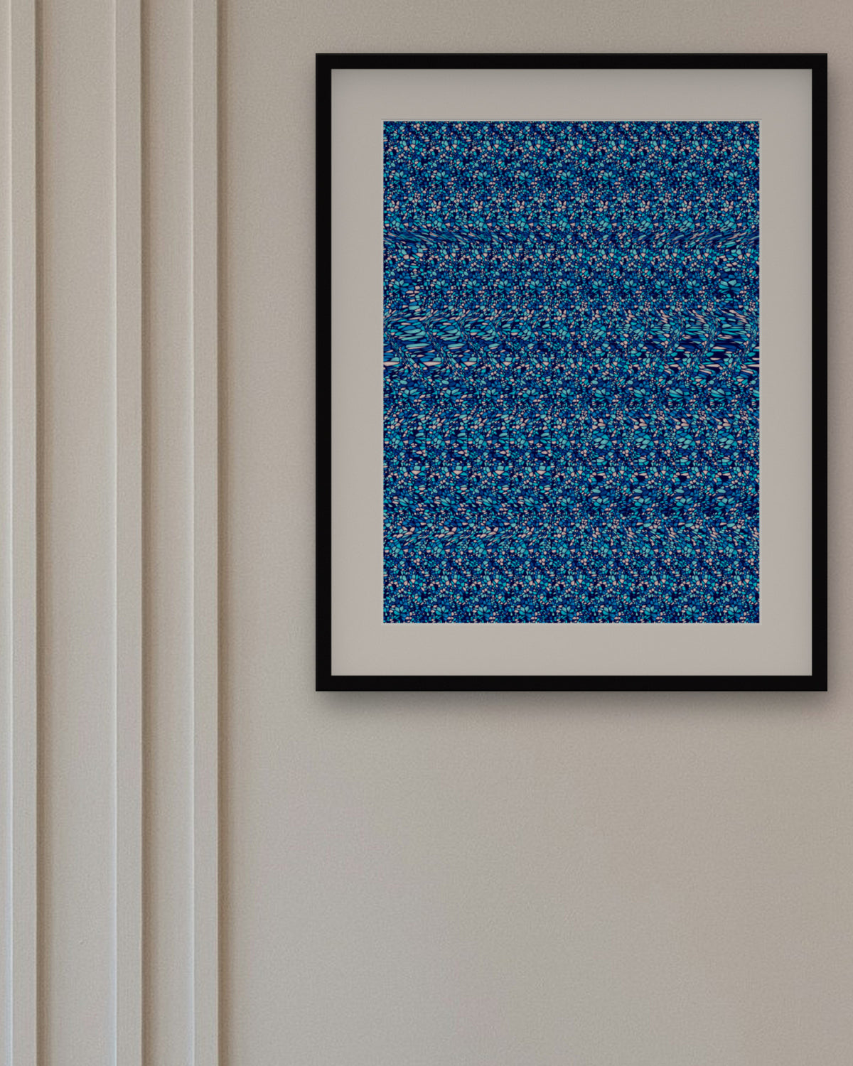Nine Lights Menorah Glow hidden 3D art print, framed in a panelled dining room