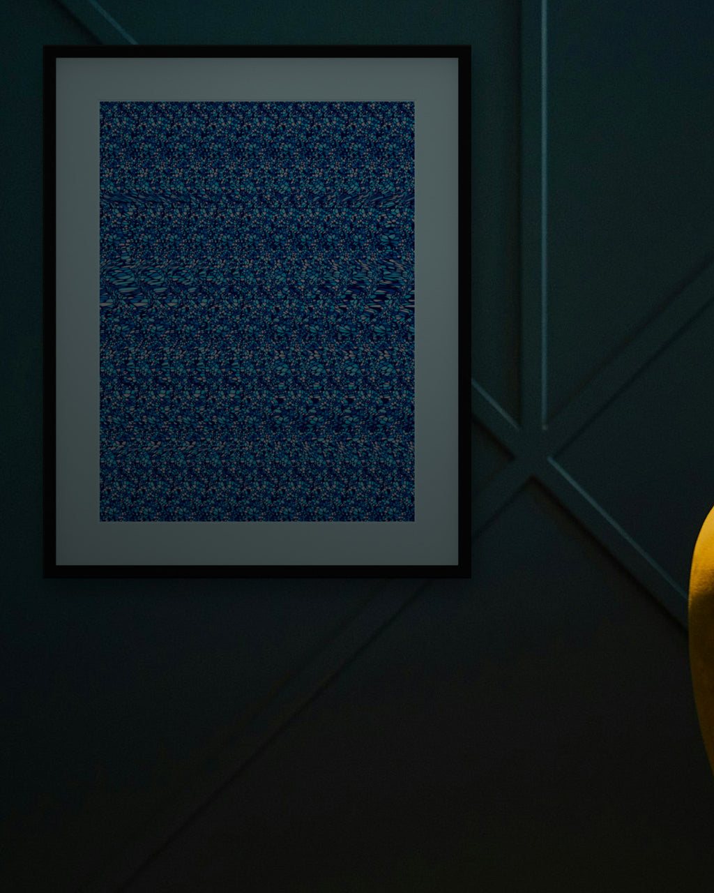 Nine Lights Menorah Glow hidden 3D art print, framed in a dark luxury lounge