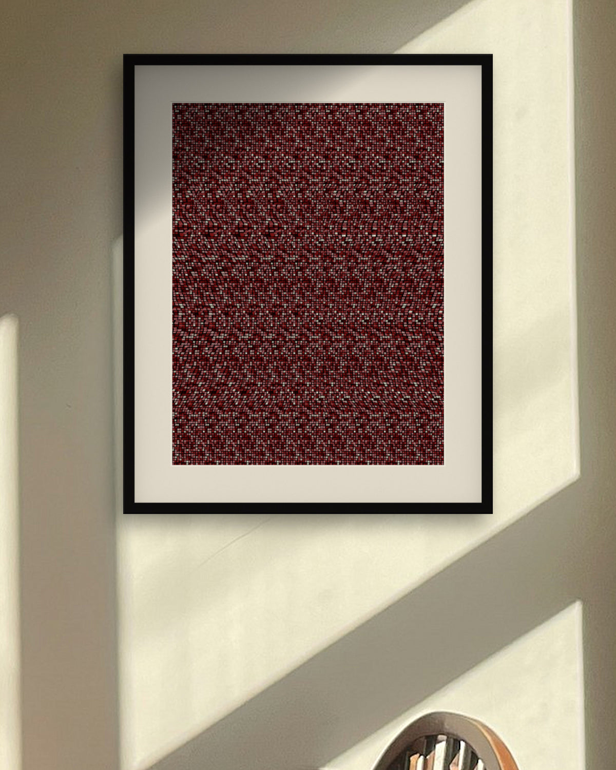 Glass Bauble Glow hidden 3D art print, framed in a sunlit dining nook