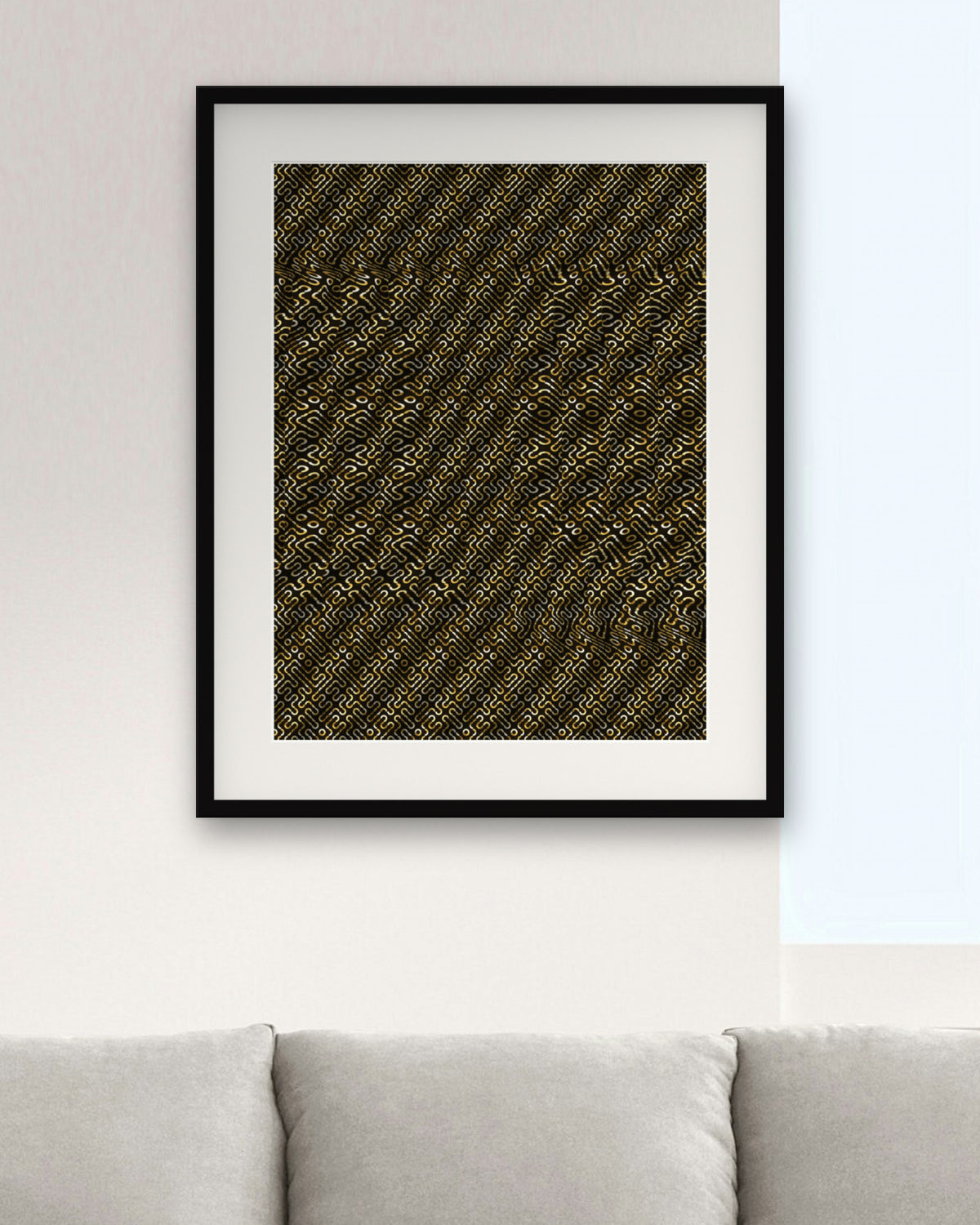 Hung-by-the-Fire Stocking hidden 3D art print, framed in a modern living room