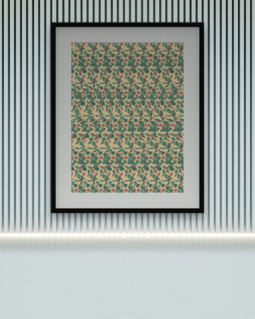 Holly Berry Sprig hidden 3D art print, framed in a calm bedroom