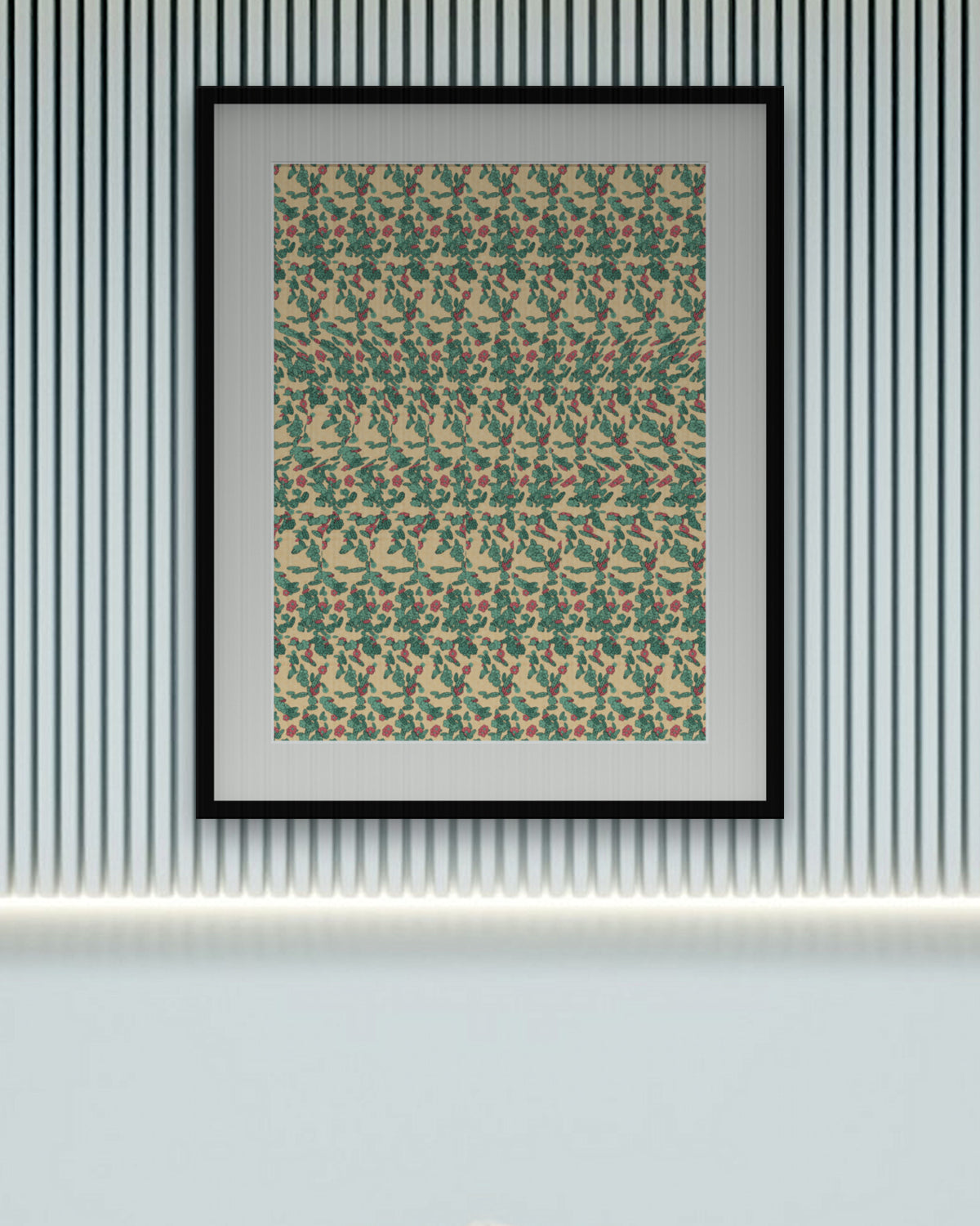 Holly Berry Sprig hidden 3D art print, framed in a calm bedroom