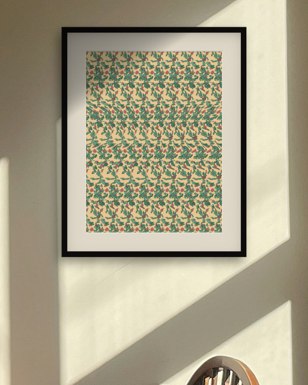 Holly Berry Sprig hidden 3D art print, framed in a sunlit dining nook