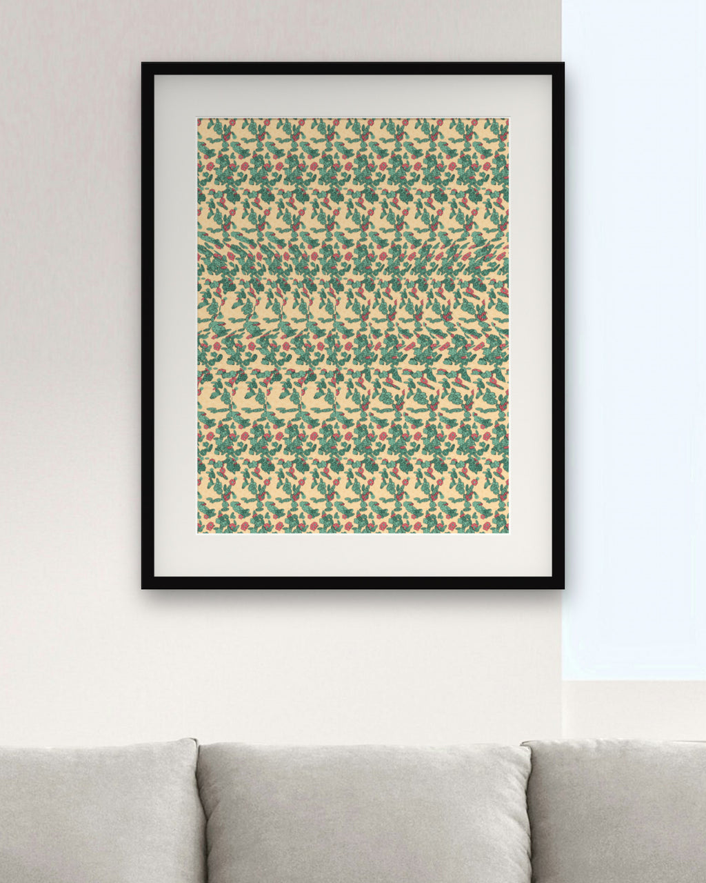 Holly Berry Sprig hidden 3D art print, framed in a modern living room