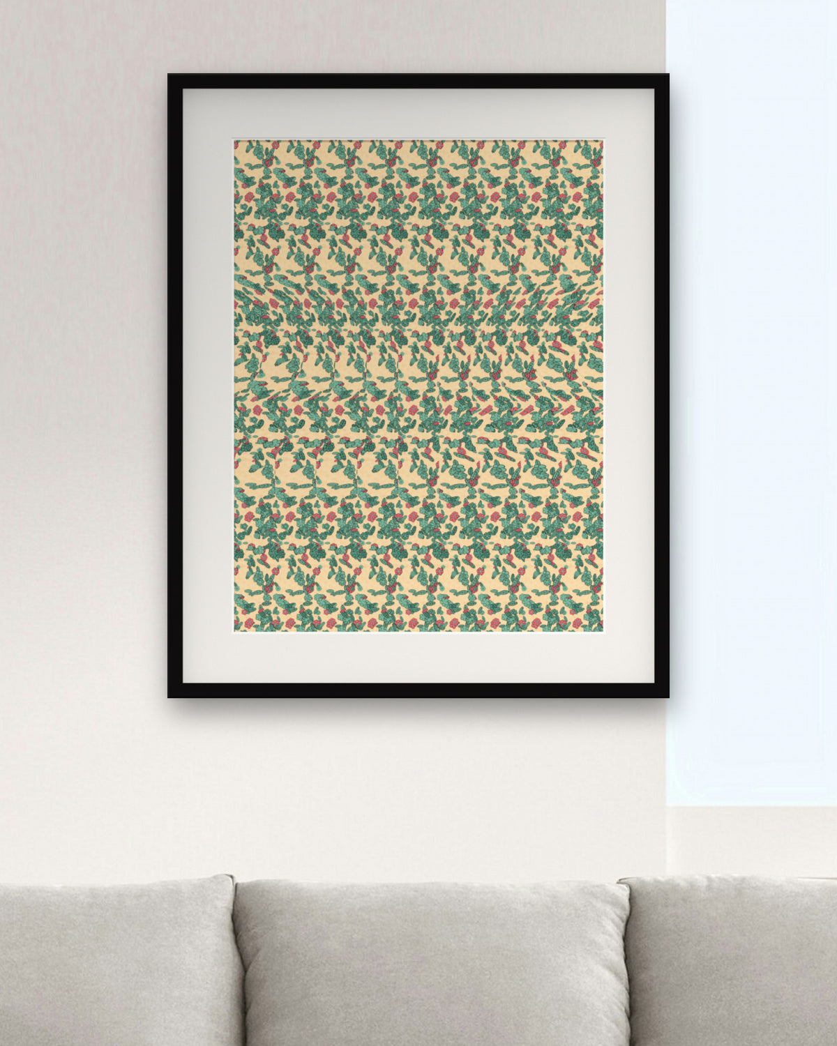 Holly Berry Sprig hidden 3D art print, framed in a modern living room