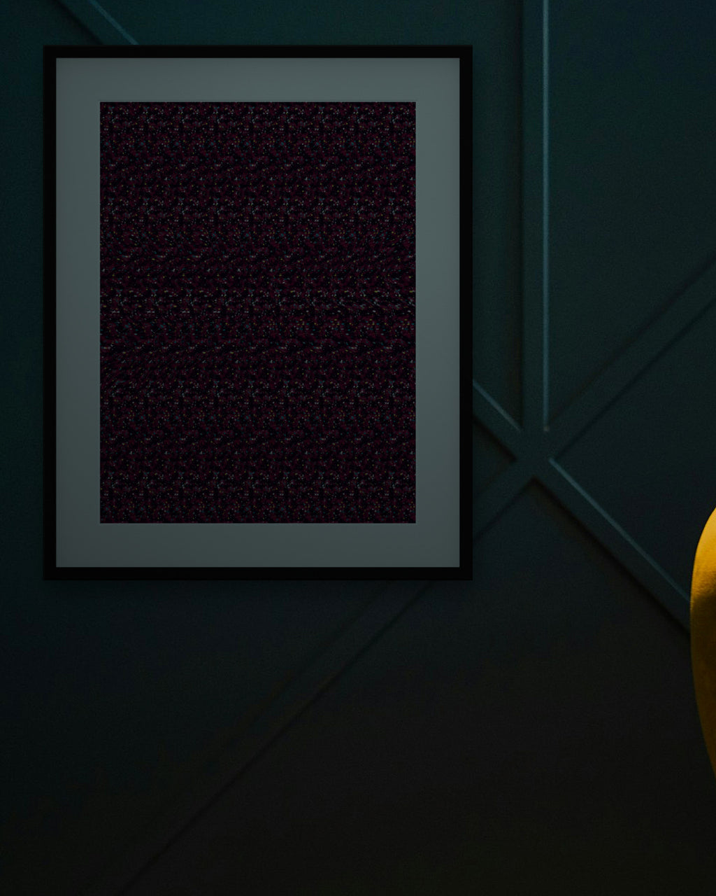 Orbiting Satellite hidden 3D art print, framed in a dark luxury lounge