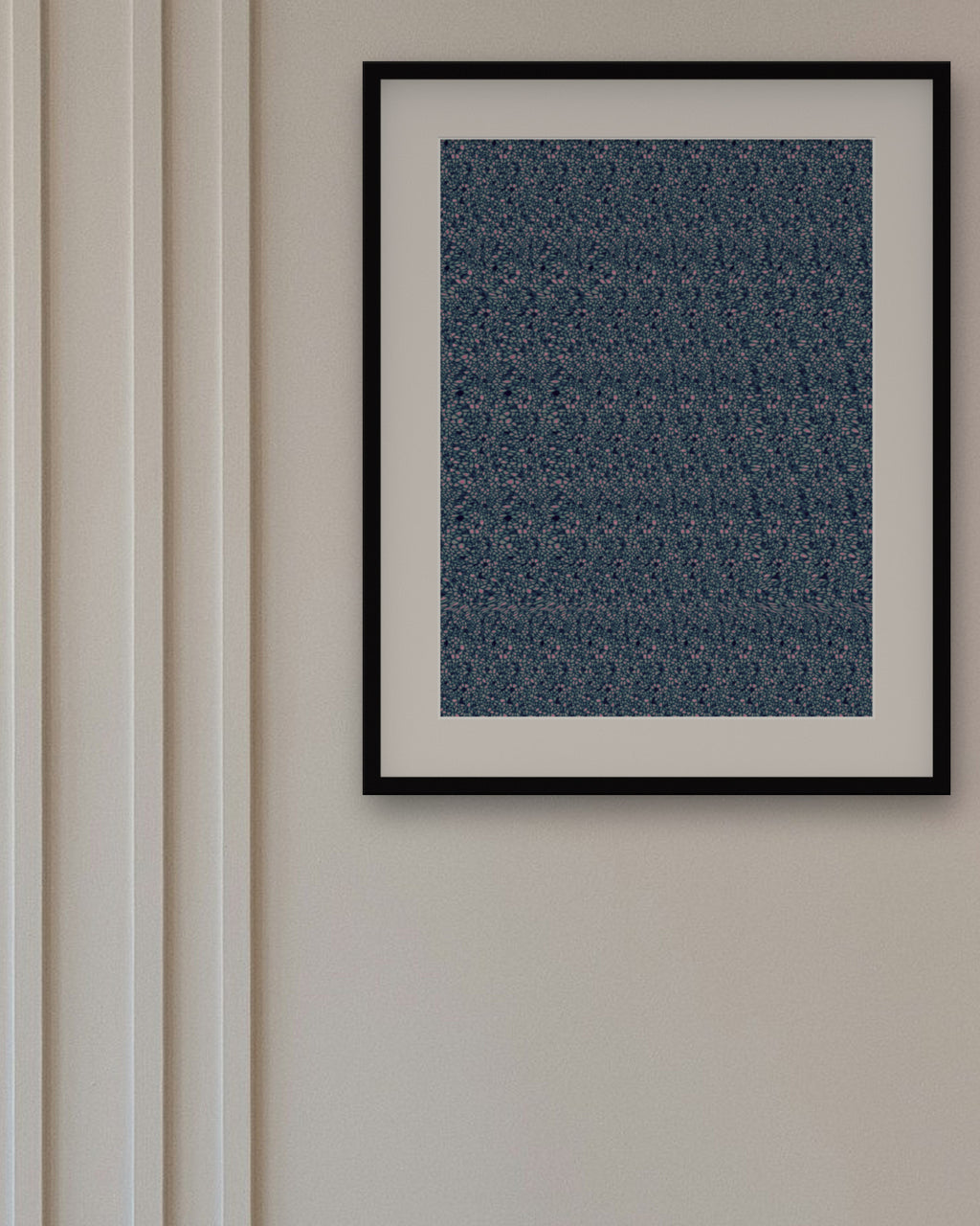 Snowy Night Lantern hidden 3D art print, framed in a panelled dining room