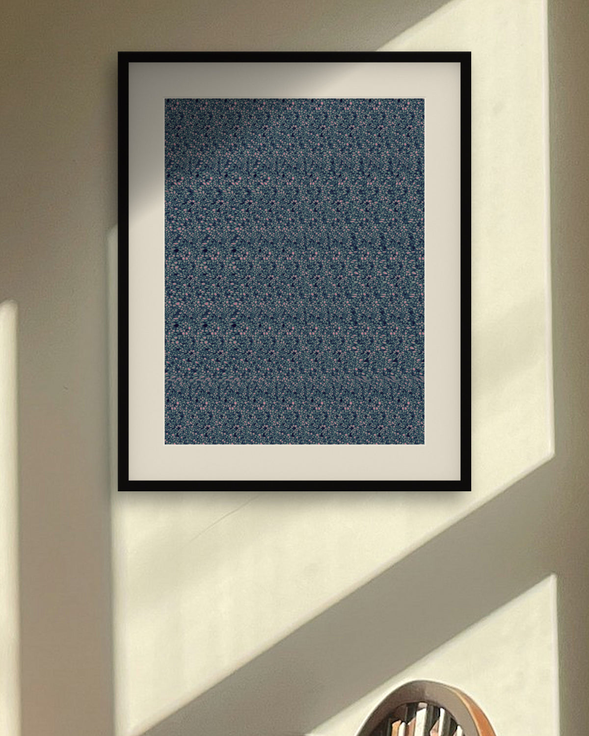 Snowy Night Lantern hidden 3D art print, framed in a sunlit dining nook