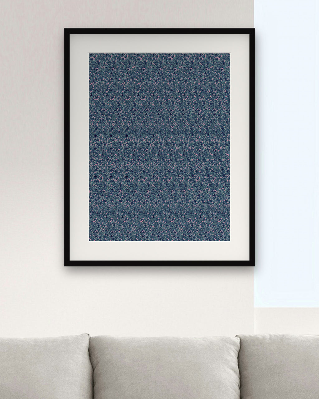 Snowy Night Lantern hidden 3D art print, framed in a modern living room