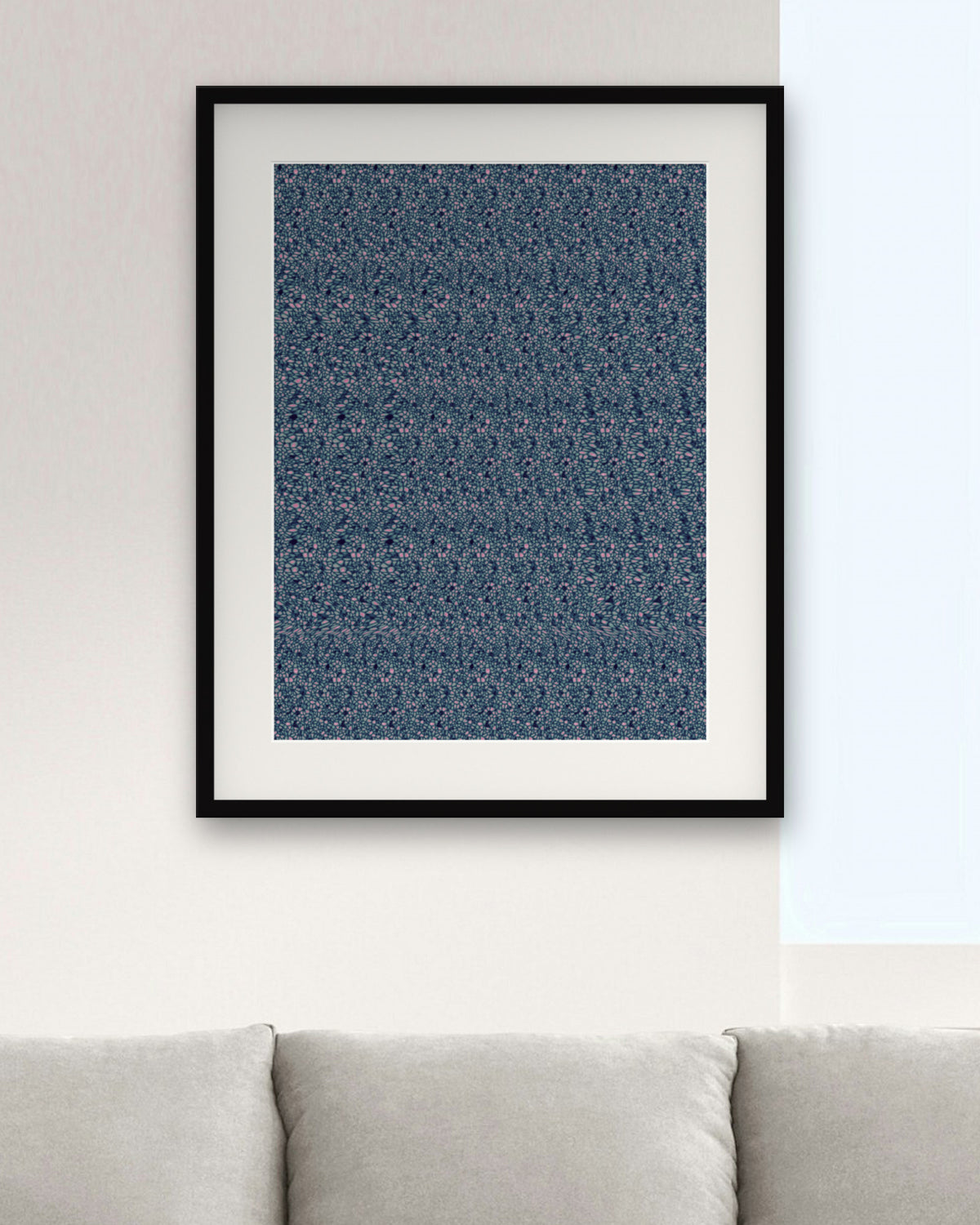 Snowy Night Lantern hidden 3D art print, framed in a modern living room