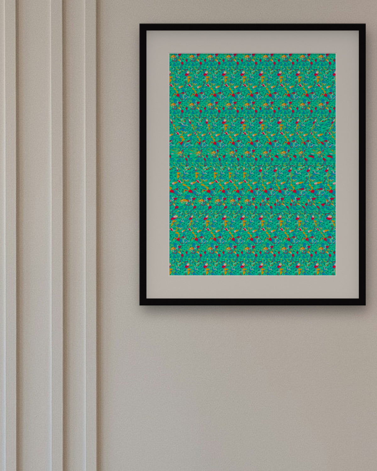 Sideways Crab Surprise hidden 3D art print, framed in a panelled dining room
