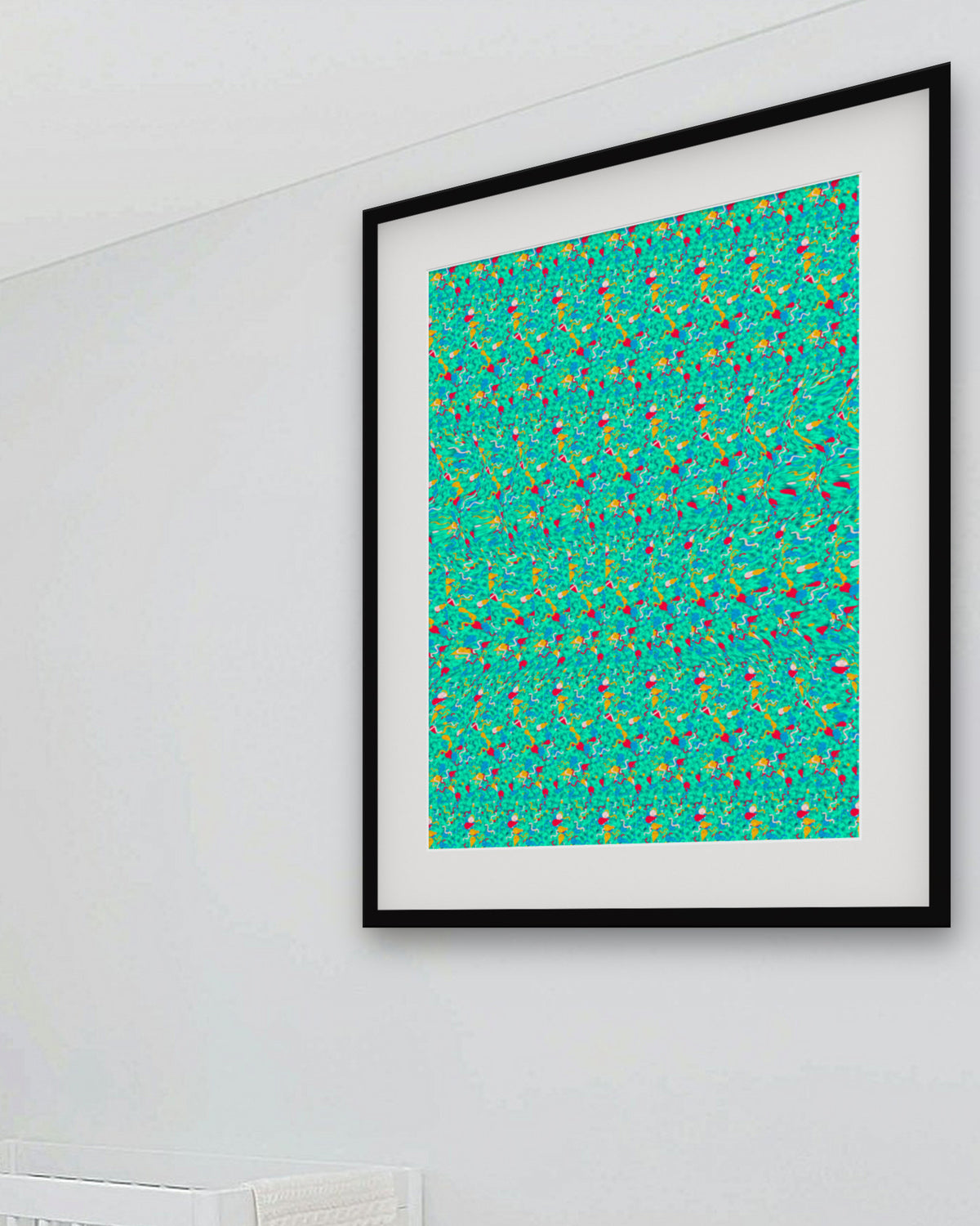 Sideways Crab Surprise hidden 3D art print, framed in a bright kids / teen bedroom