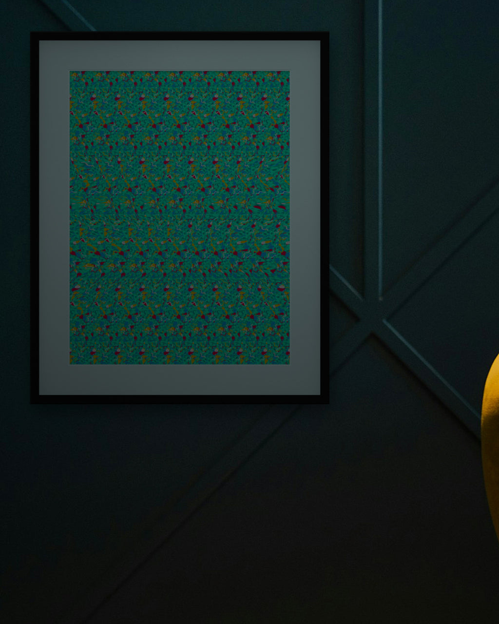 Sideways Crab Surprise hidden 3D art print, framed in a dark luxury lounge