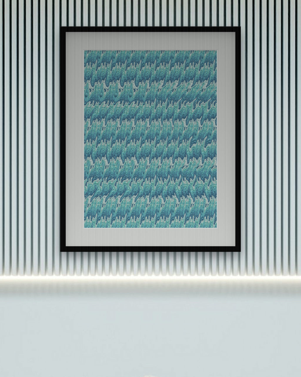 Drifting Seahorse hidden 3D art print, framed in a calm bedroom