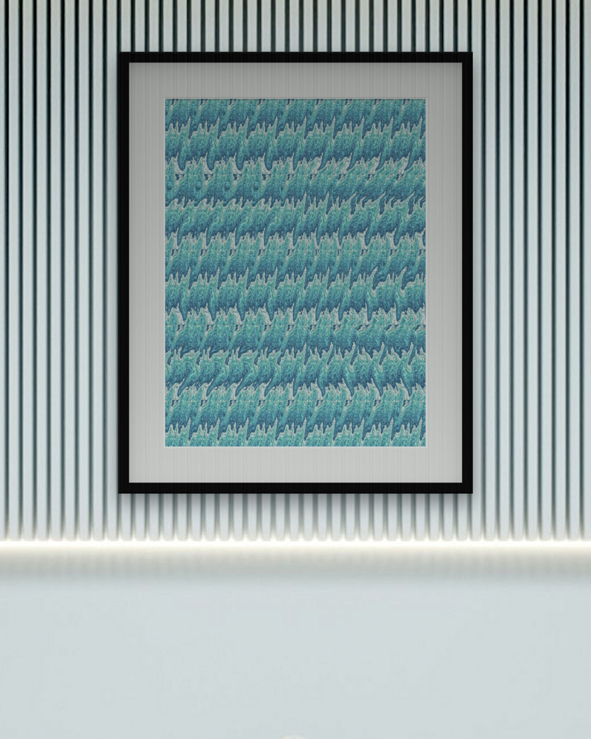 Drifting Seahorse hidden 3D art print, framed in a calm bedroom