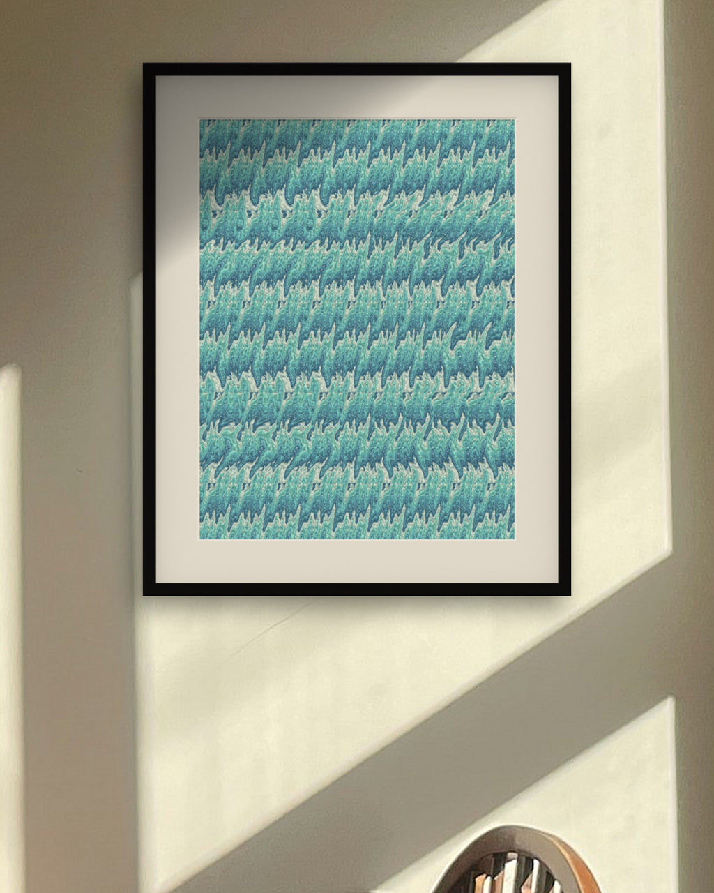 Drifting Seahorse hidden 3D art print, framed in a sunlit dining nook
