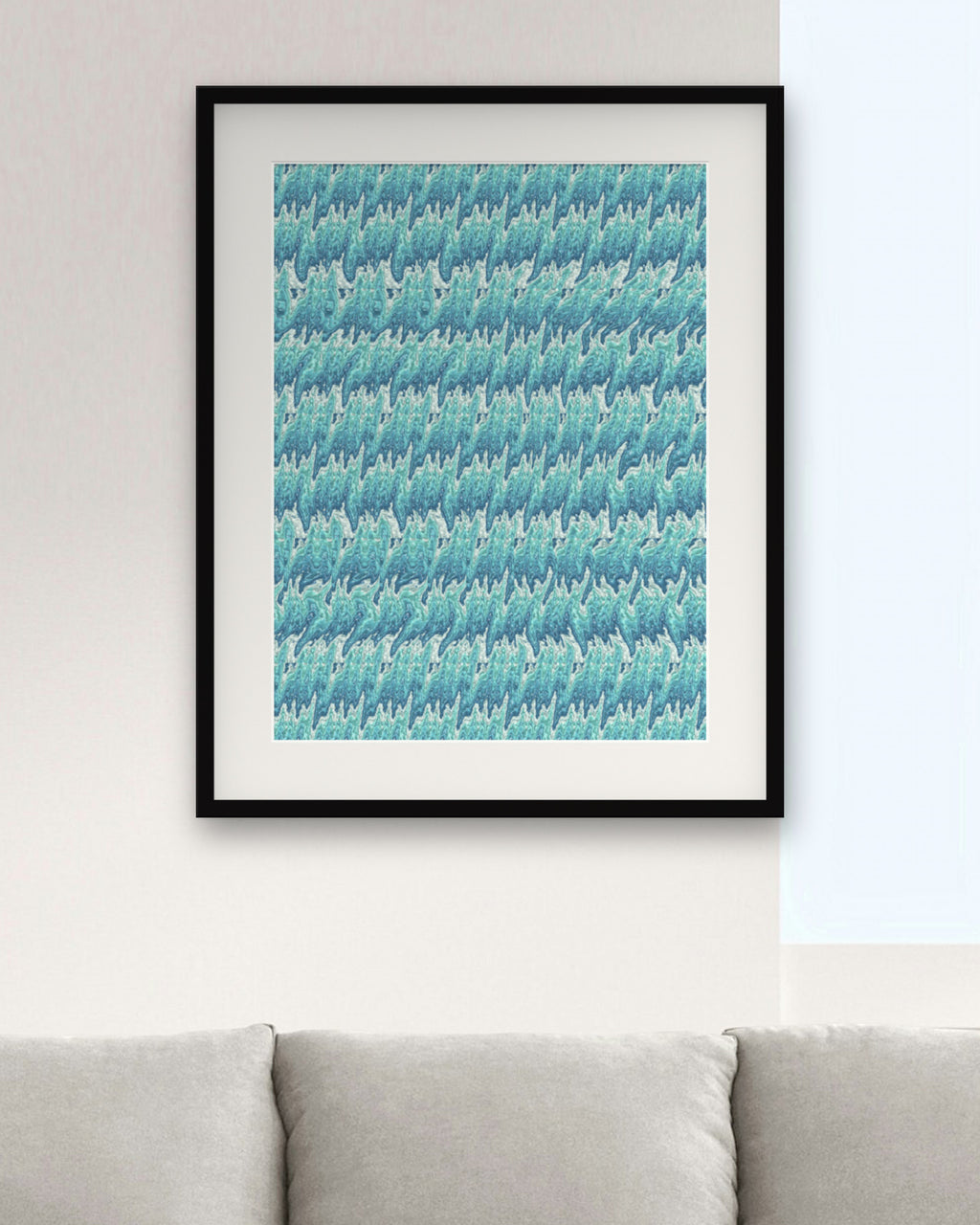 Drifting Seahorse hidden 3D art print, framed in a modern living room