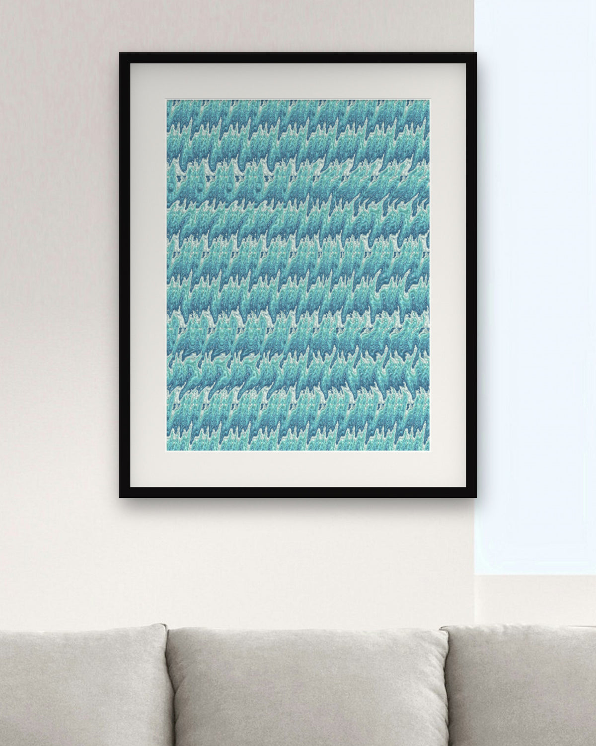Drifting Seahorse hidden 3D art print, framed in a modern living room