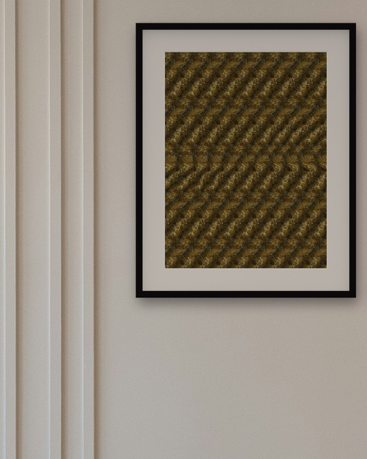 Fresh Start Dumbbell hidden 3D image stereogram print in metallic and gold tones, framed in a dining room