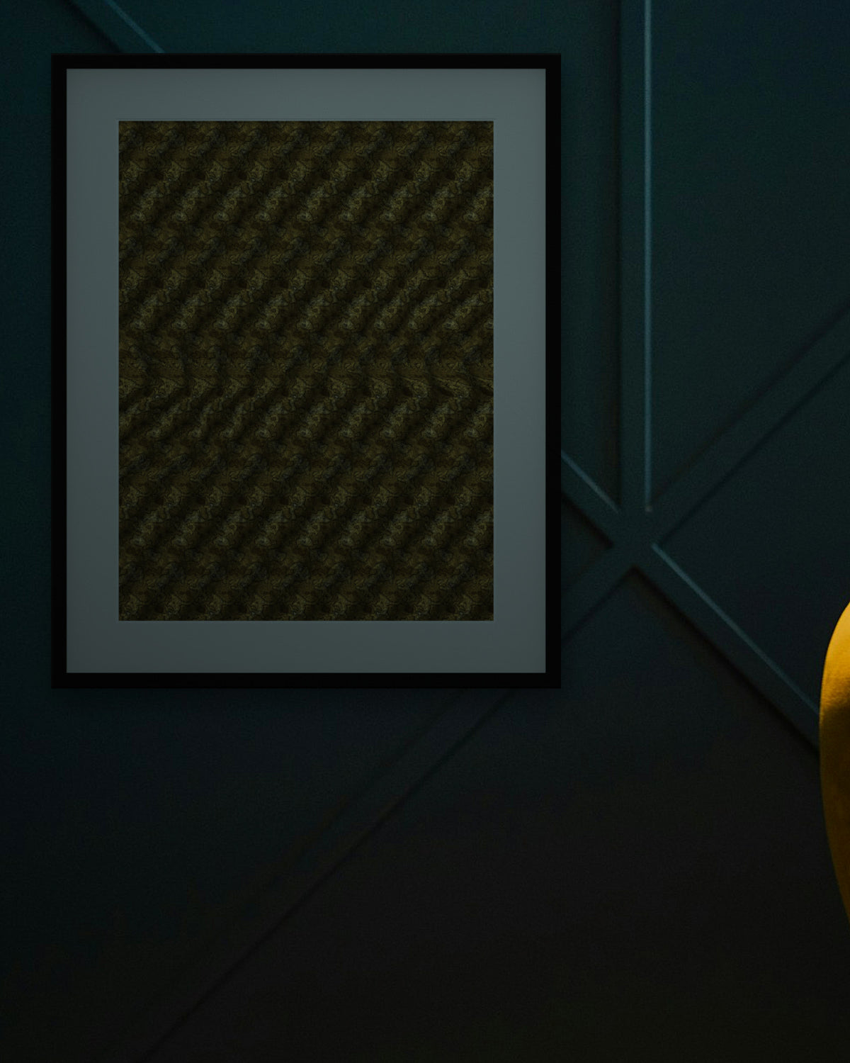 Fresh Start Dumbbell hidden 3D image stereogram print in metallic and gold tones, framed in a cosy lounge
