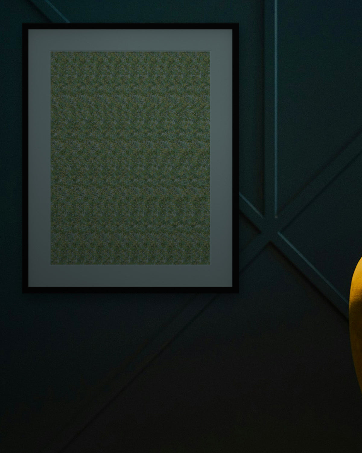 Cuddly Panda Bear hidden 3D image stereogram print in spring and meadow tones, framed in a cosy lounge