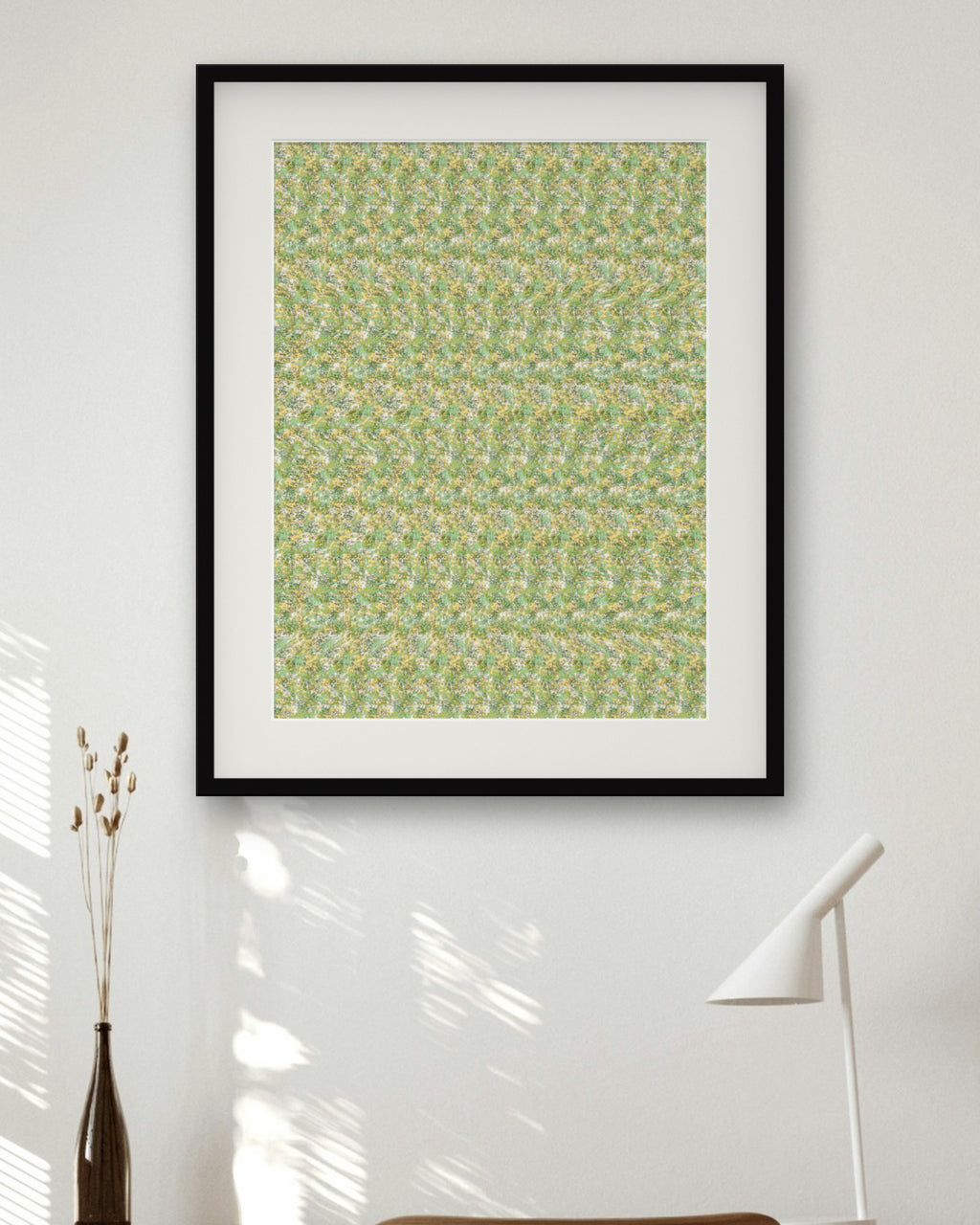 Cuddly Panda Bear hidden 3D image stereogram print in spring and meadow tones, framed in a home office