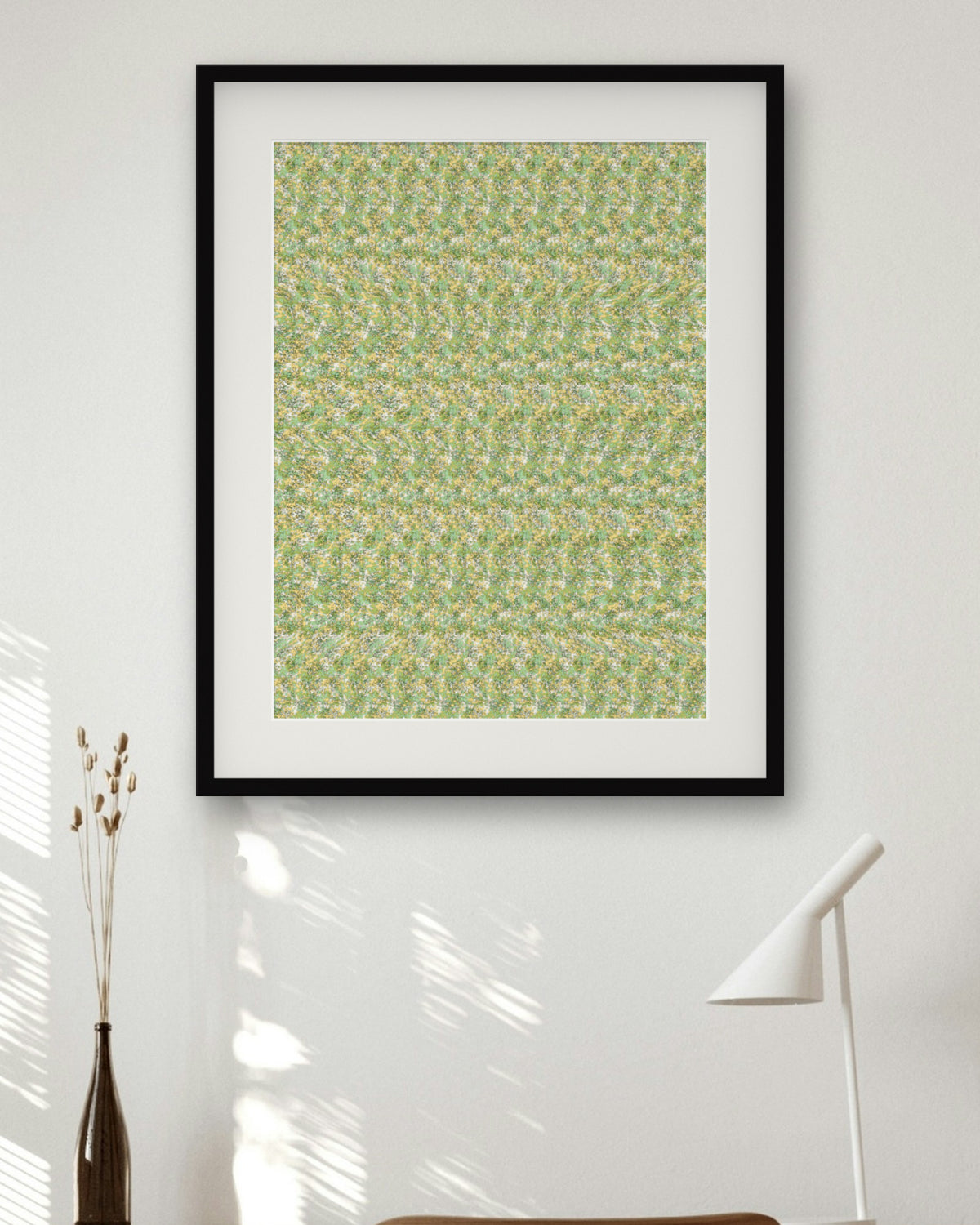 Cuddly Panda Bear hidden 3D image stereogram print in spring and meadow tones, framed in a home office