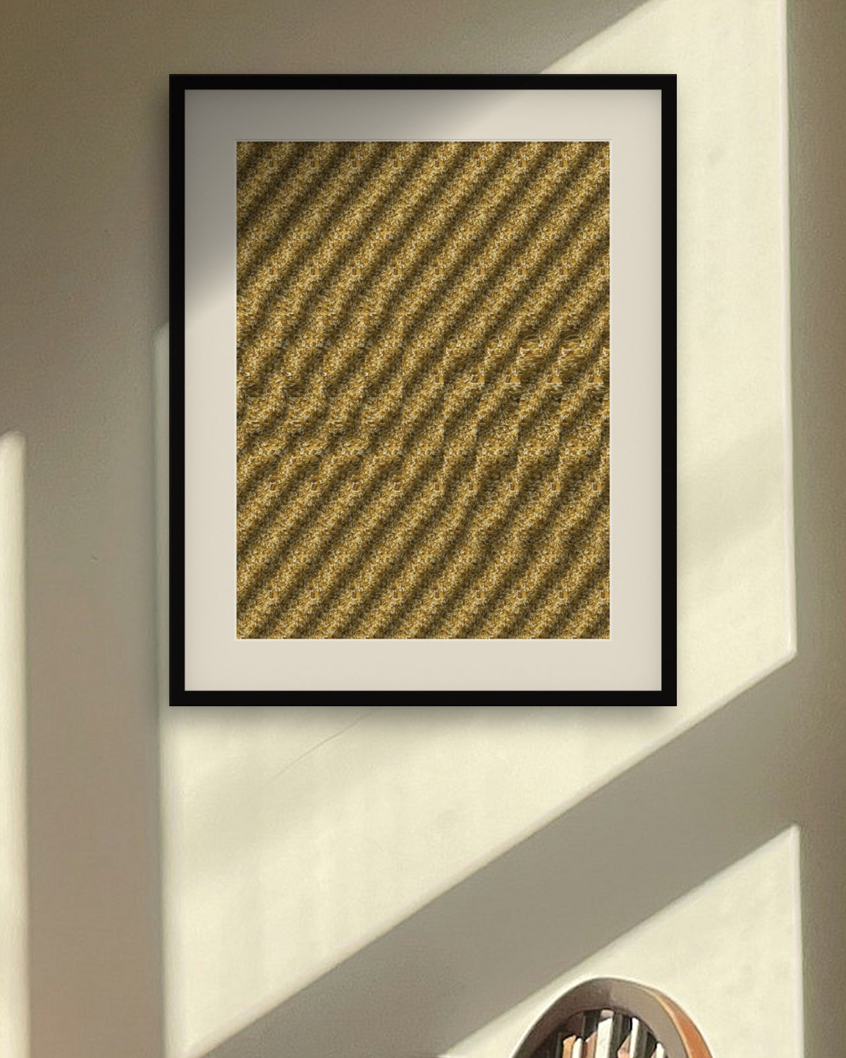 Golden Harvest Corn hidden 3D image stereogram print in metallic and gold tones, framed in a sunlit dining room