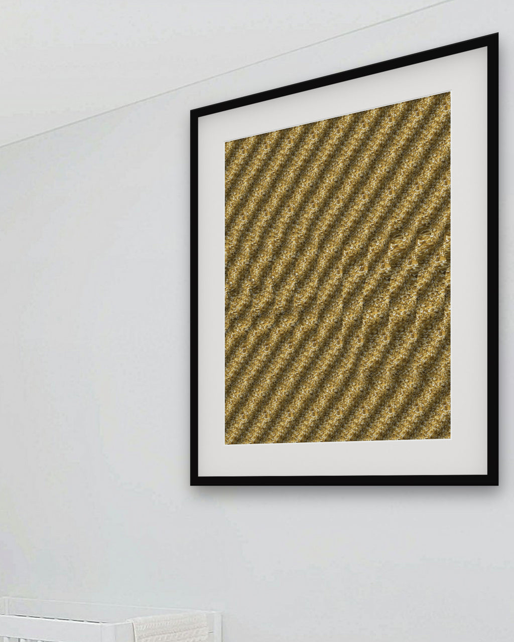 Golden Harvest Corn hidden 3D image stereogram print in metallic and gold tones, framed in a playful kids' room