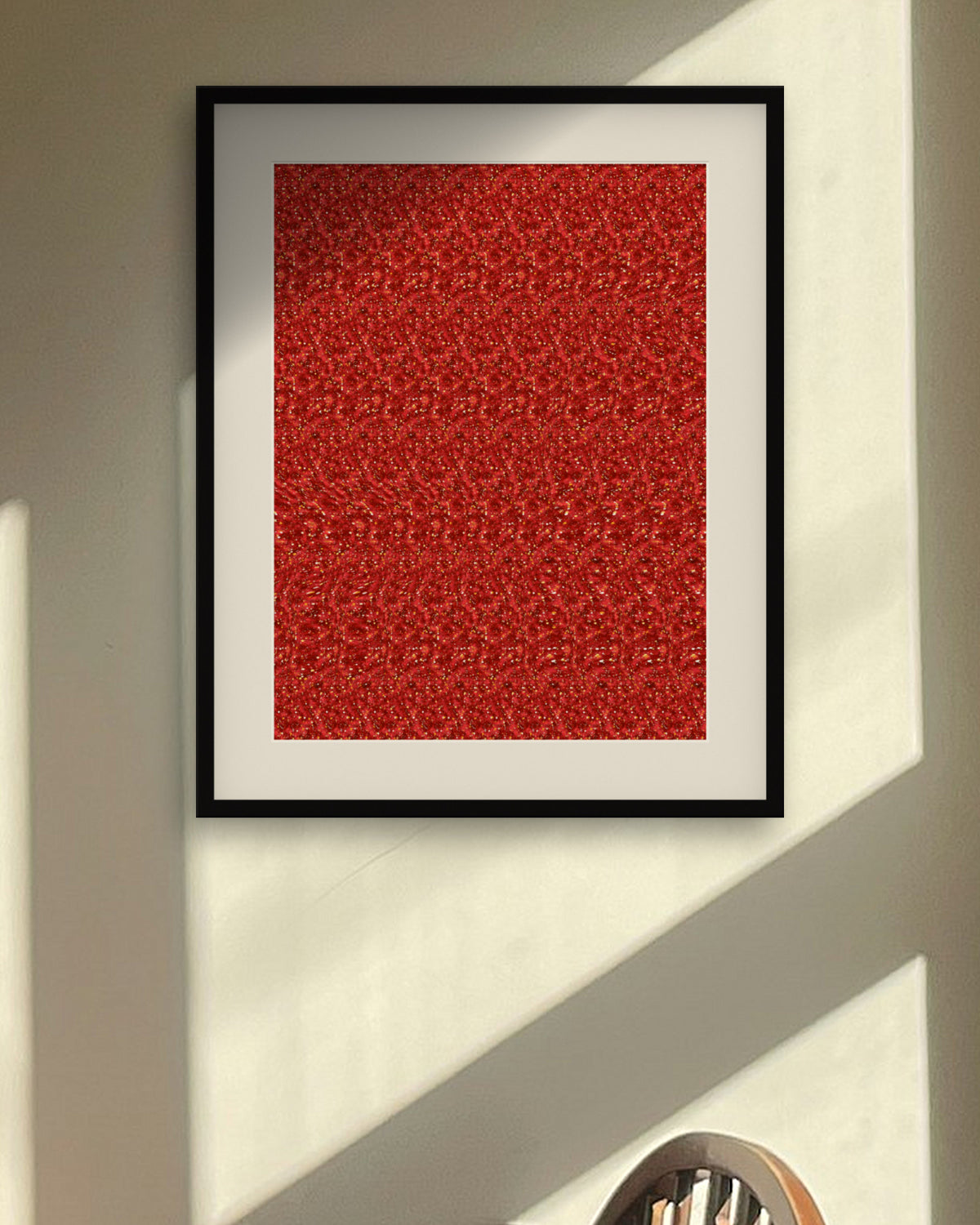 Tall Giraffe Stroll hidden 3D image stereogram print in desert and terracotta tones, framed in a sunlit dining room