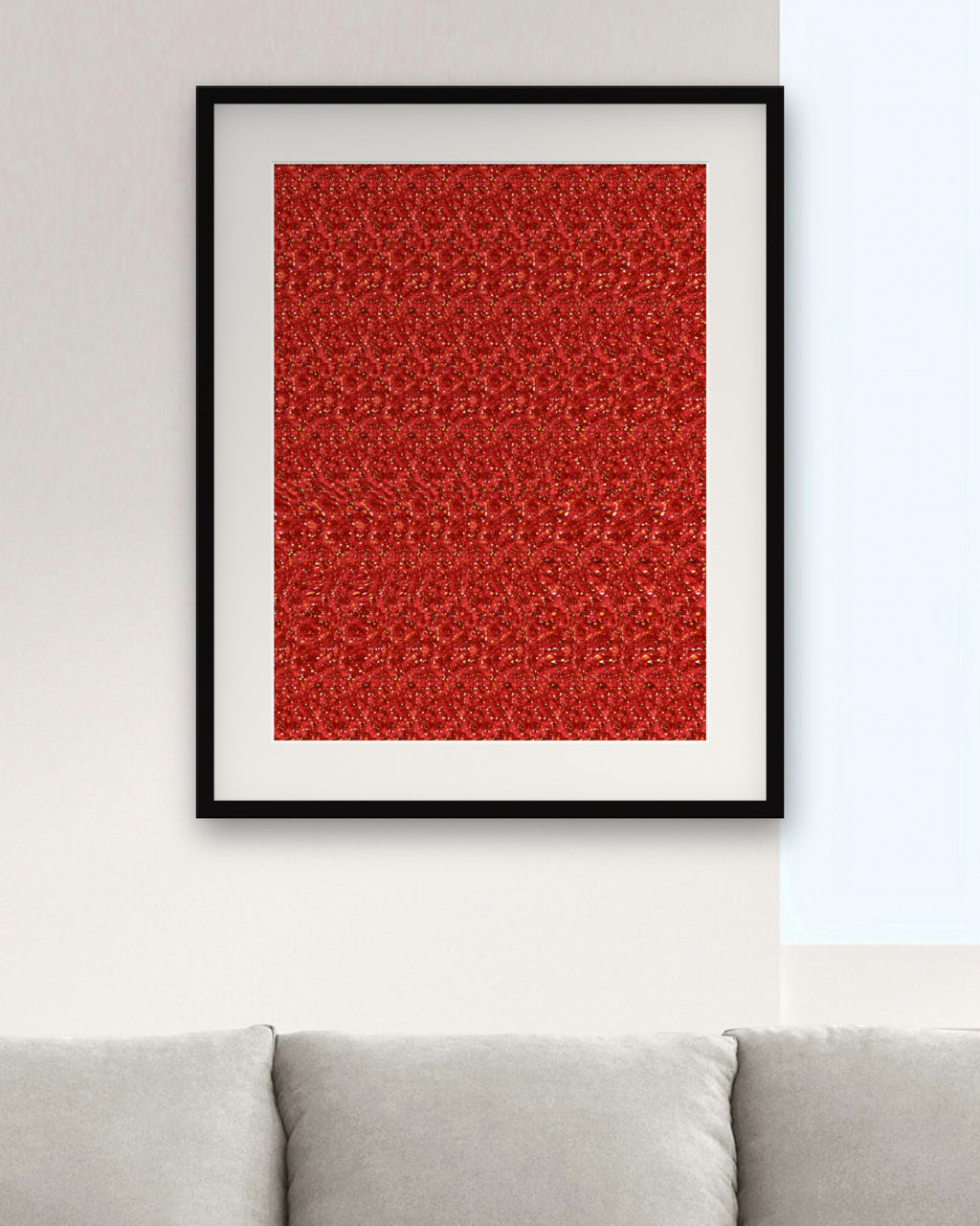 Tall Giraffe Stroll hidden 3D image stereogram print in desert and terracotta tones, framed in a bright living room