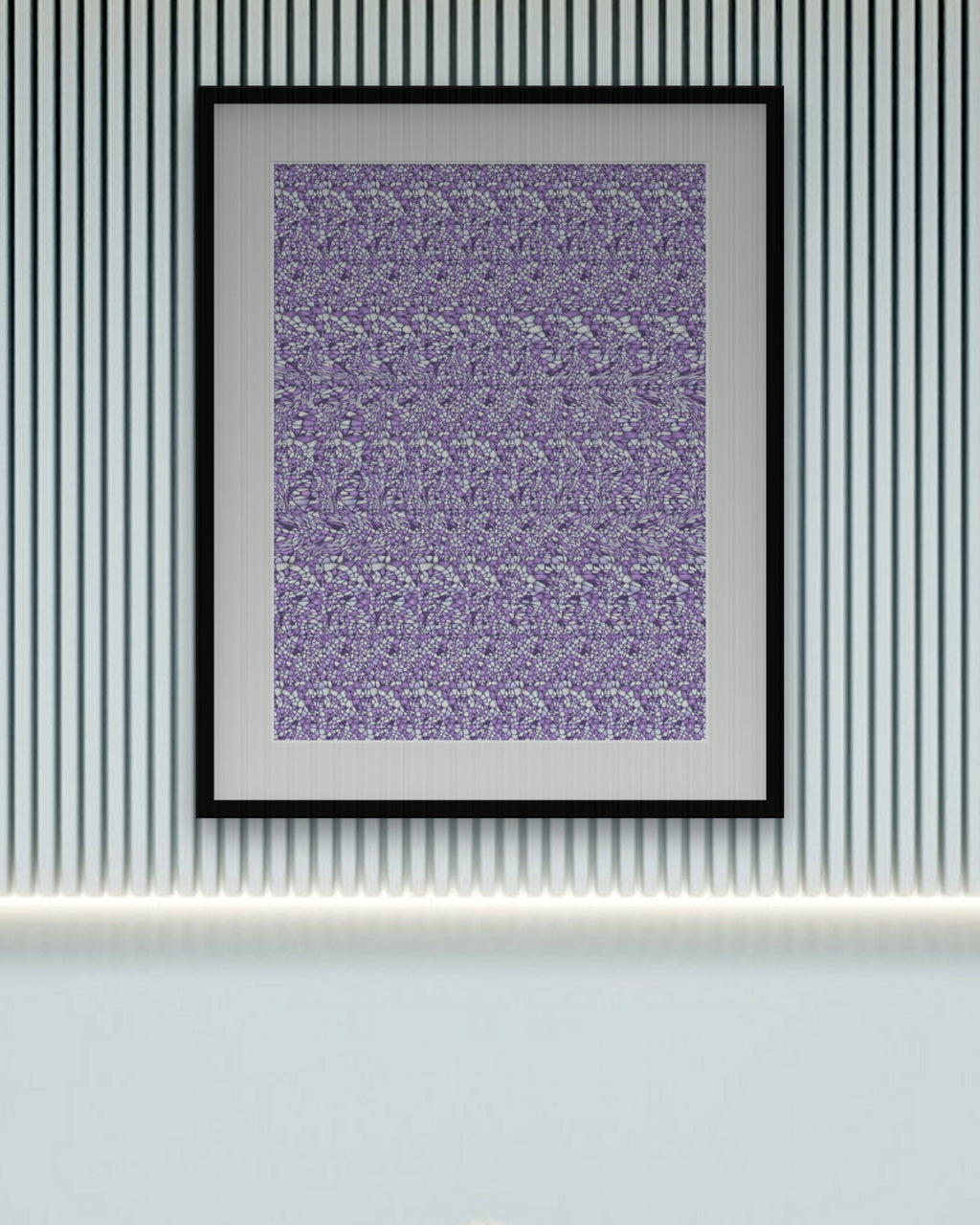 Shining Star of David hidden 3D image stereogram print in arctic and violet tones, framed in a calm bedroom