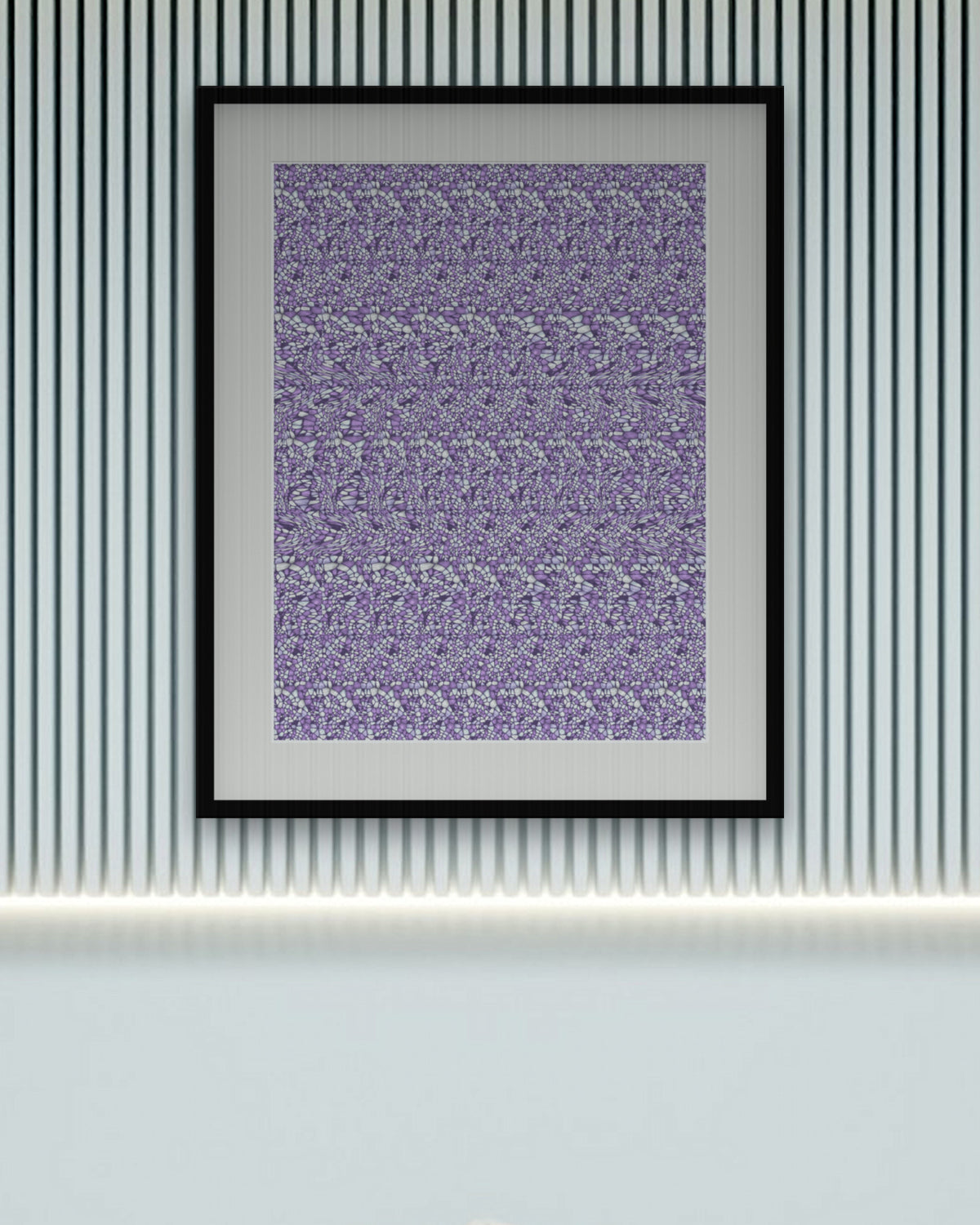 Shining Star of David hidden 3D image stereogram print in arctic and violet tones, framed in a calm bedroom