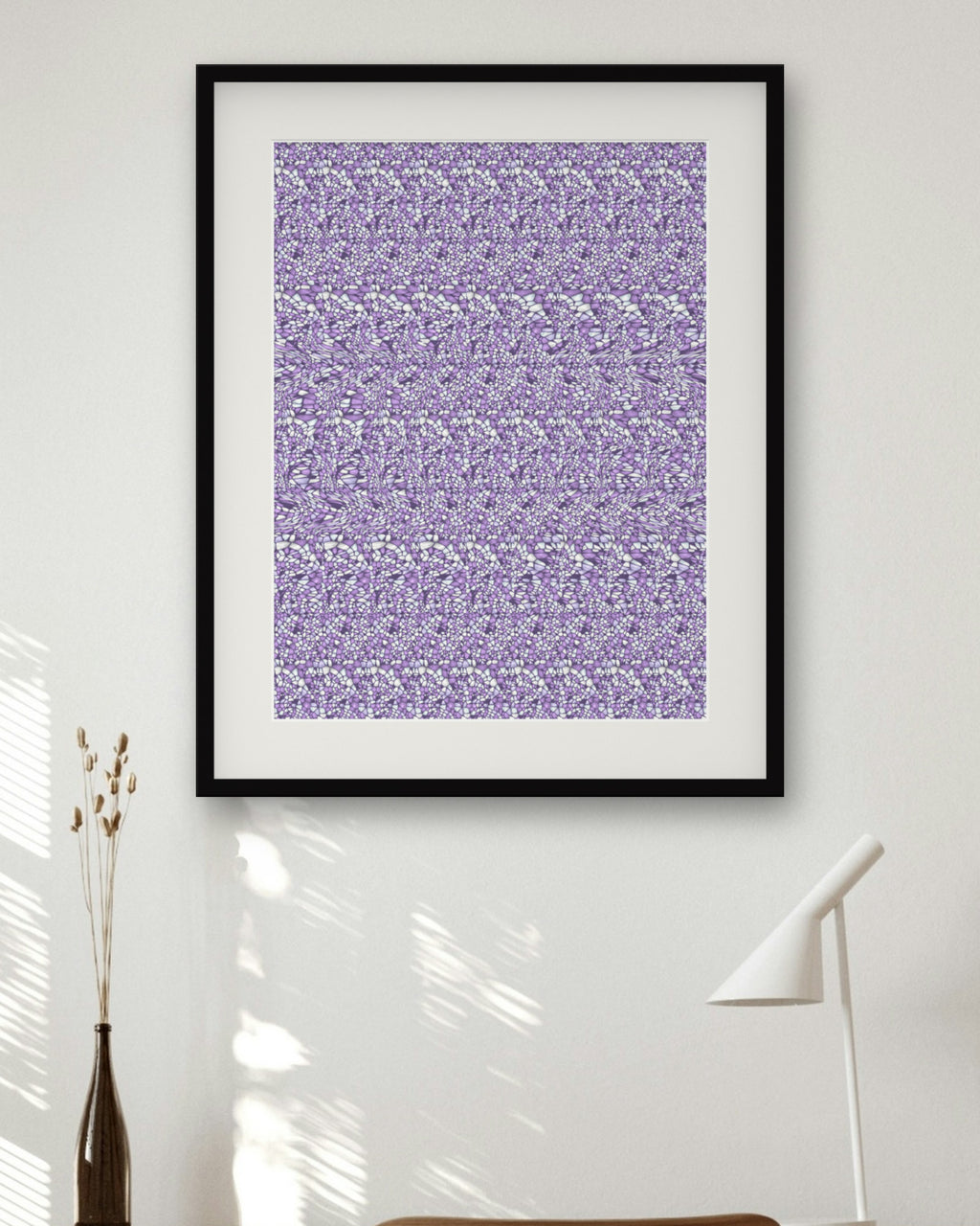 Shining Star of David hidden 3D image stereogram print in arctic and violet tones, framed in a home office