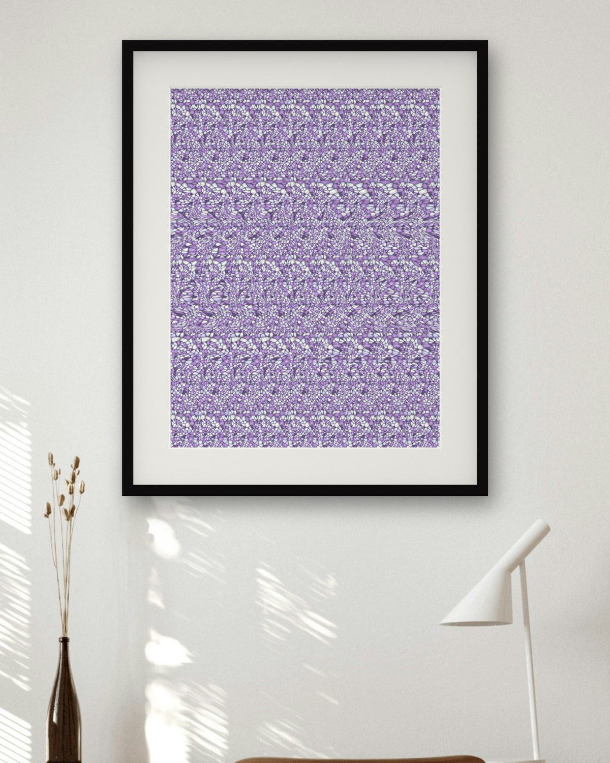 Shining Star of David hidden 3D image stereogram print in arctic and violet tones, framed in a home office