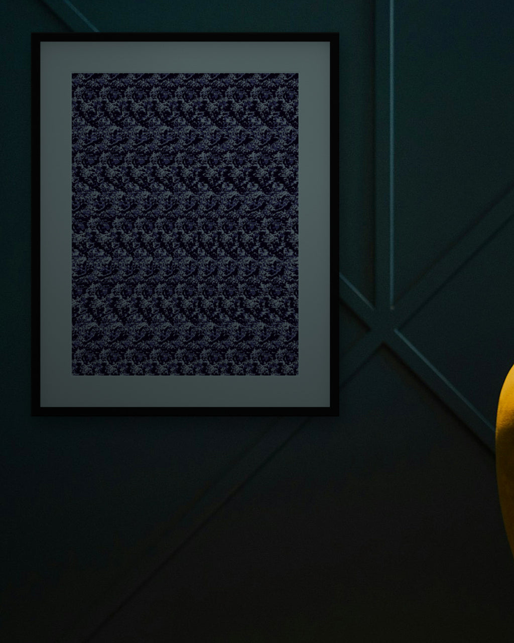 New Year Disco Ball hidden 3D image stereogram print in arctic and violet tones, framed in a cosy lounge