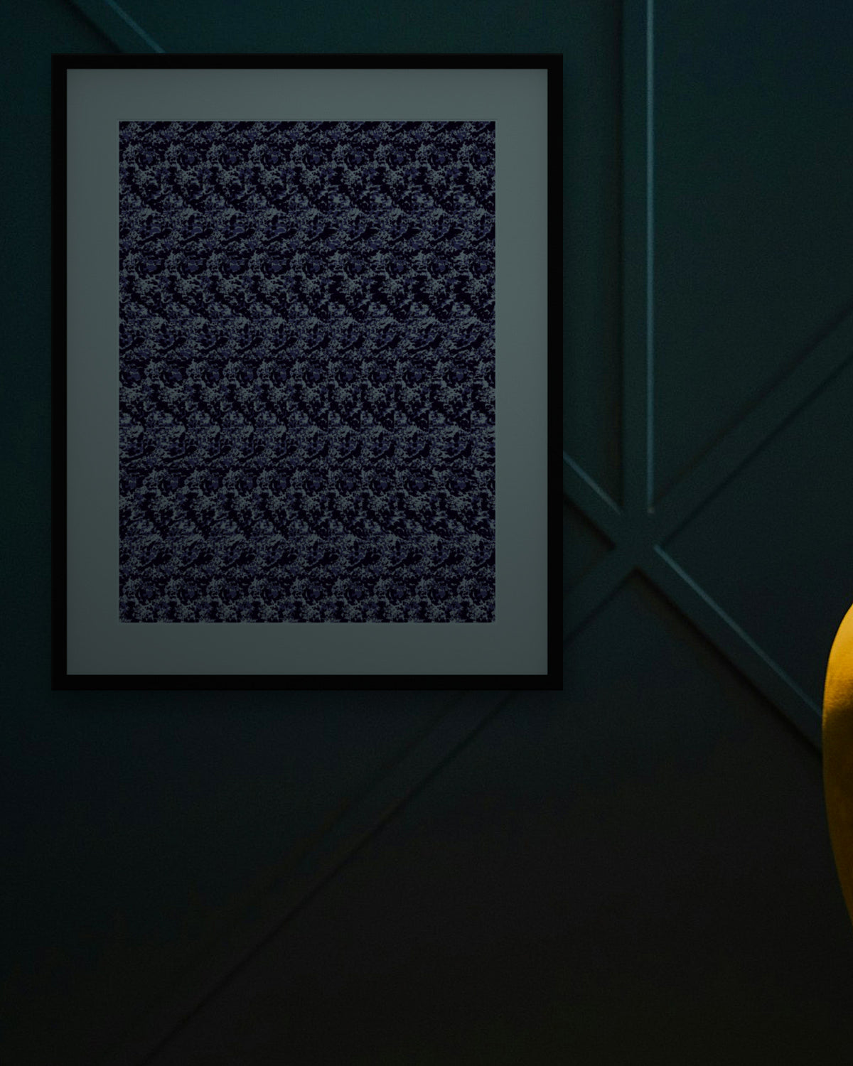 New Year Disco Ball hidden 3D image stereogram print in arctic and violet tones, framed in a cosy lounge