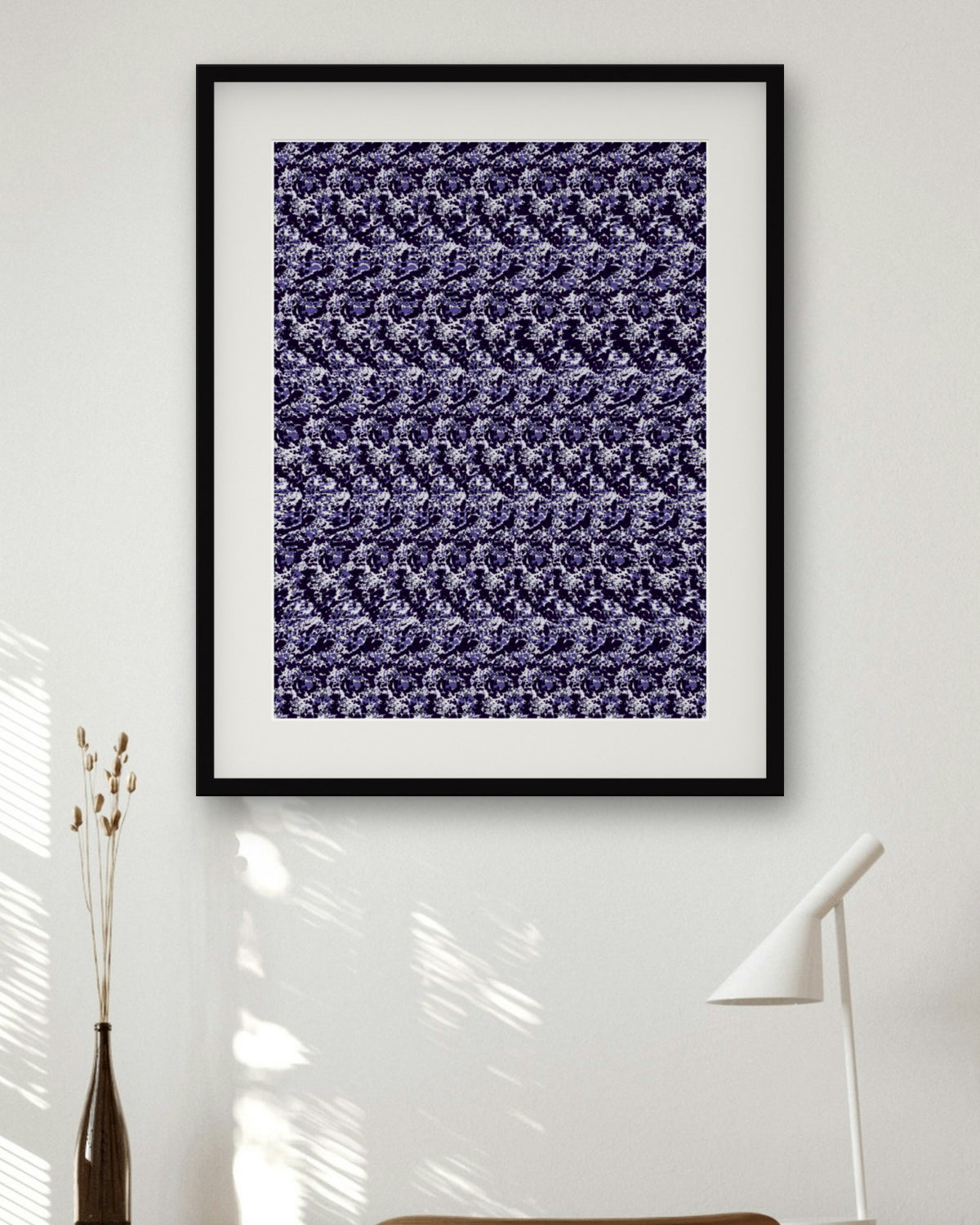 New Year Disco Ball hidden 3D image stereogram print in arctic and violet tones, framed in a home office