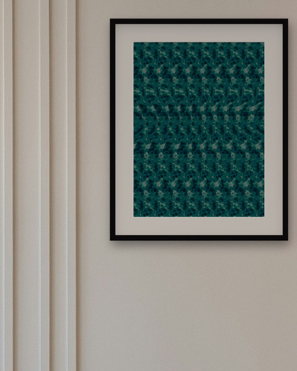 Gliding Manta Ray hidden 3D image stereogram print in ocean and reef tones, framed in a dining room