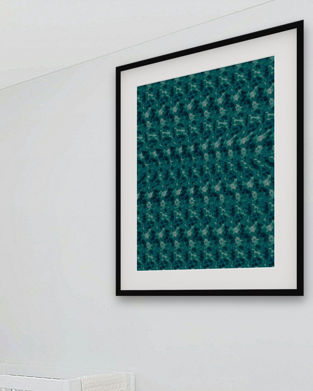 Gliding Manta Ray hidden 3D image stereogram print in ocean and reef tones, framed in a playful kids' room
