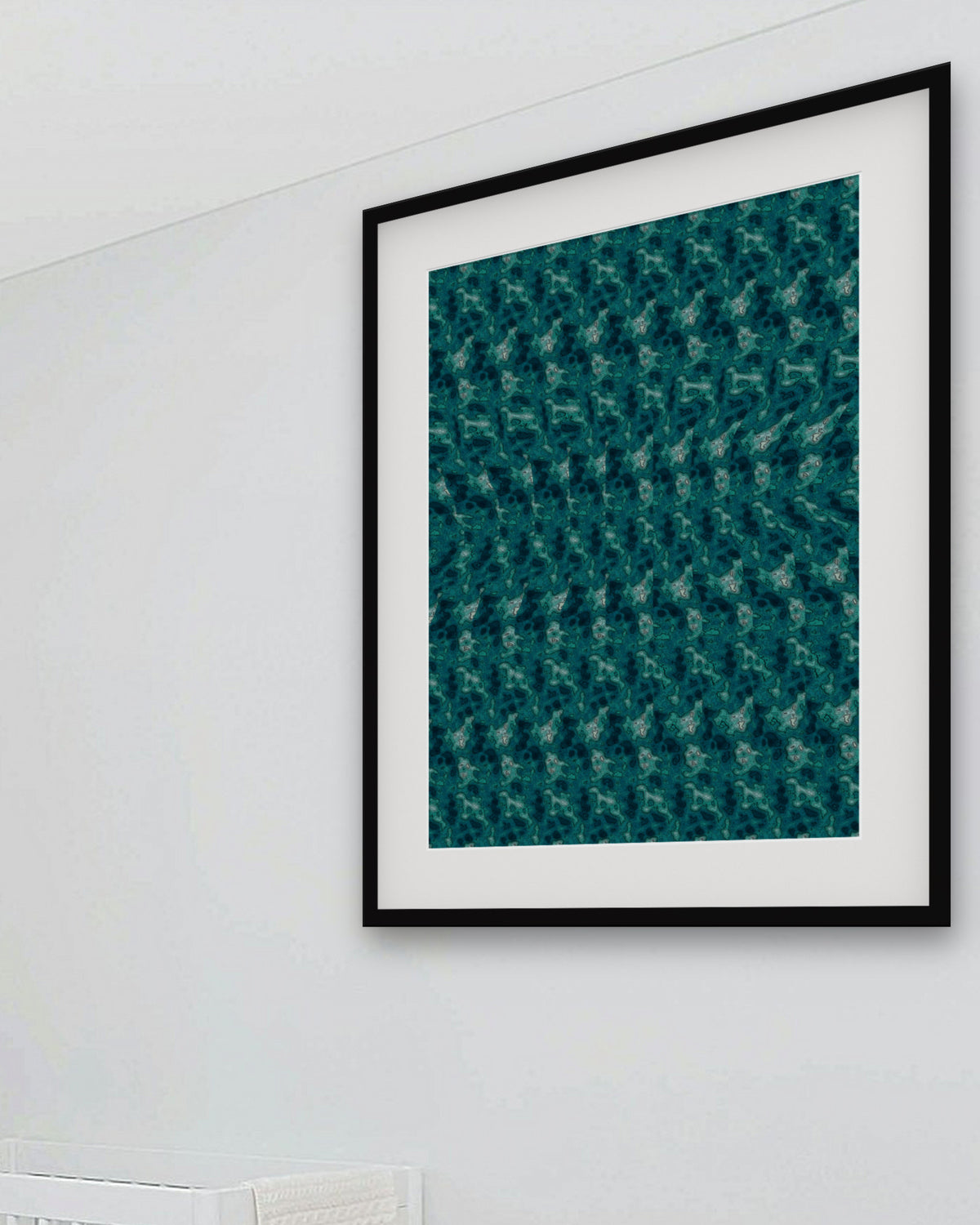 Gliding Manta Ray hidden 3D image stereogram print in ocean and reef tones, framed in a playful kids' room