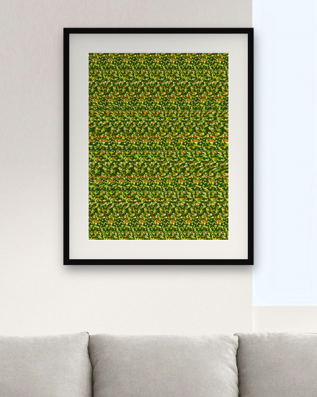 Sleepy Koala Branch hidden 3D image stereogram print in forest and moss tones, framed in a bright living room