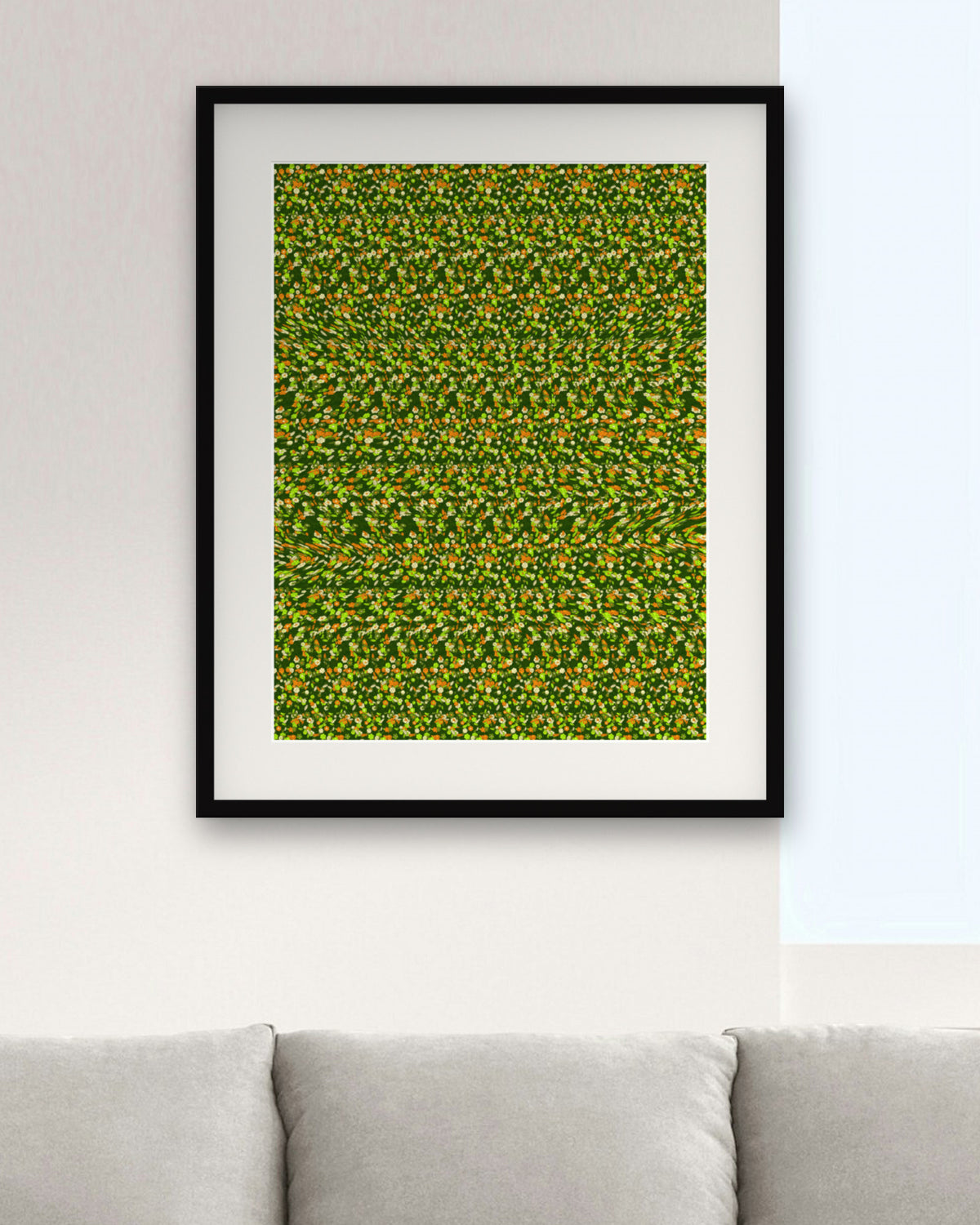 Sleepy Koala Branch hidden 3D image stereogram print in forest and moss tones, framed in a bright living room