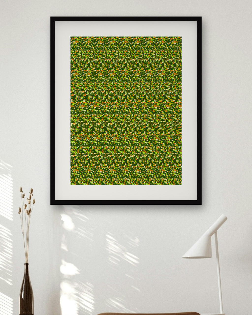 Sleepy Koala Branch hidden 3D image stereogram print in forest and moss tones, framed in a home office