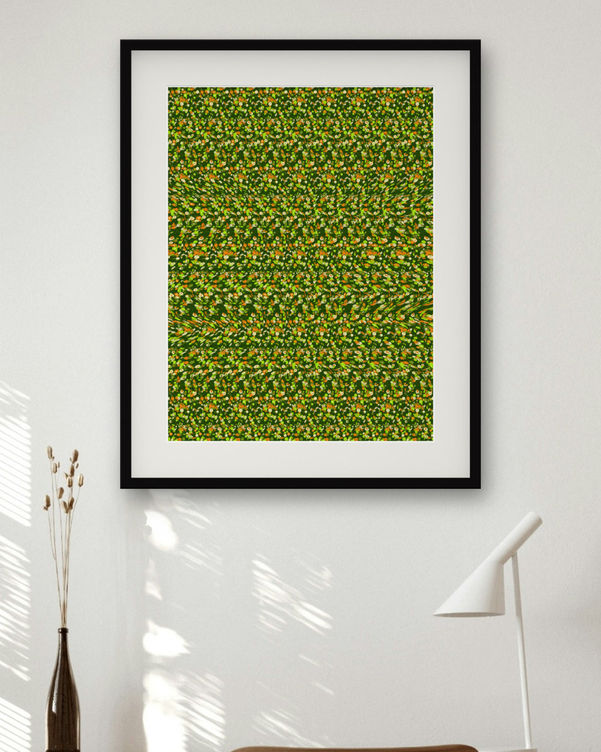 Sleepy Koala Branch hidden 3D image stereogram print in forest and moss tones, framed in a home office