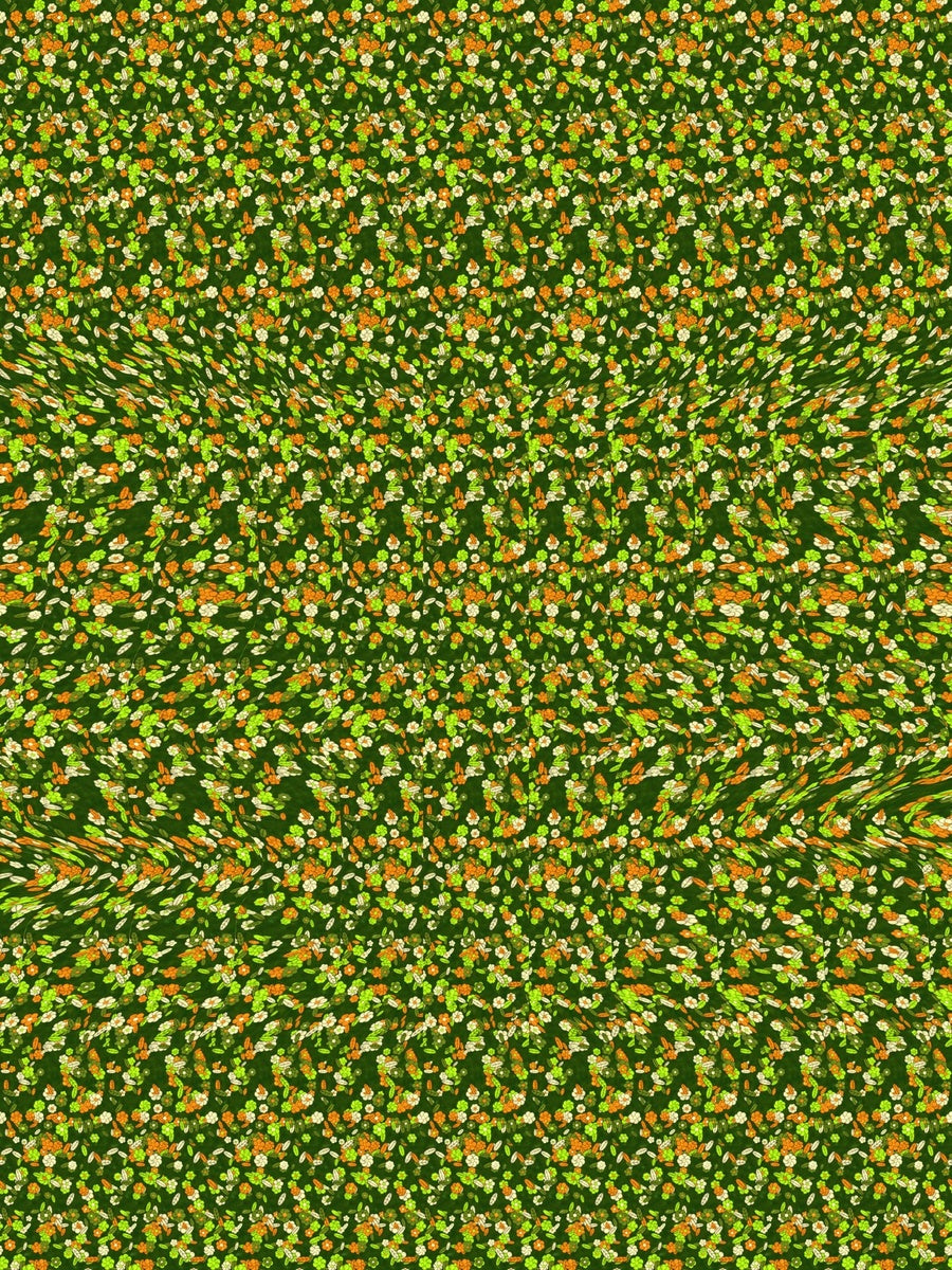 Sleepy Koala Branch hidden 3D image stereogram print in forest and moss tones, full pattern flat view